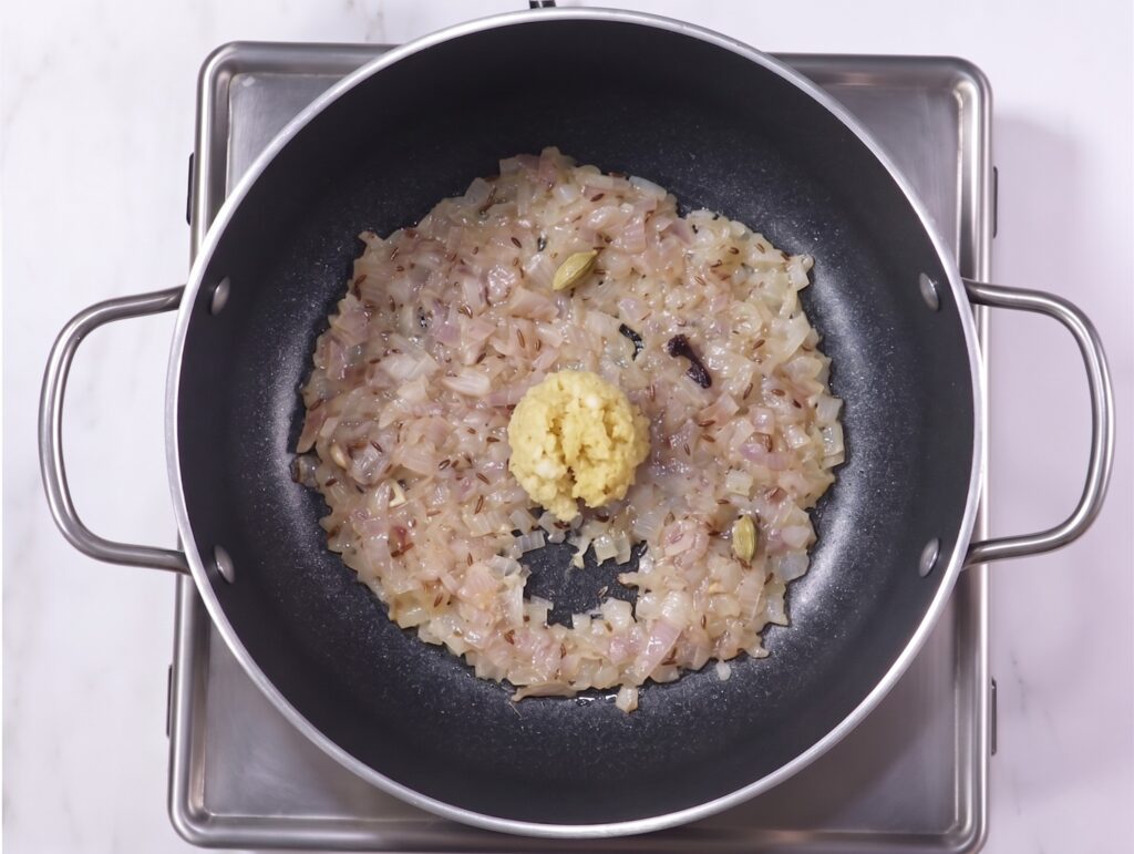 Homemade palak paneer recipe with sautéed onions and ginger garlic paste